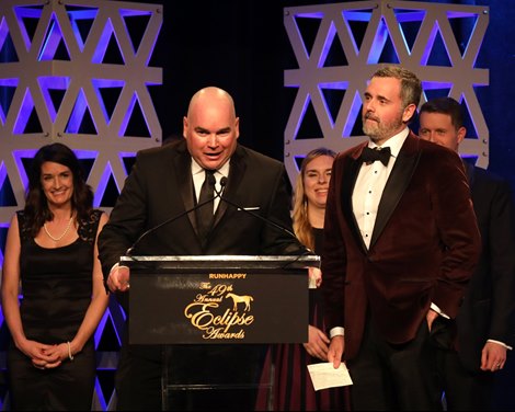 Justin Border speaking while partner Ryan Exline and friends look on, 2YO Male, 2019 Eclipse Awards at Gulfstream Park, Fort Lauderdale Fl held January 23, 2020 Justin Border speaking while partner Ryan Exline and friends look on, 2YO Male, 2019 Eclipse Awards at Gulfstream Park, Fort Lauderdale Fl held January 23, 2020