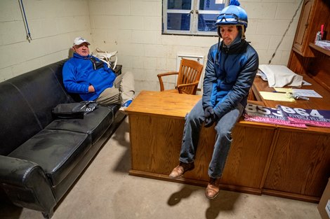 Trainer Kenny McPeek, left sits with jockey Robby Albarado who will ride Swiss Skydiver in Breeders’ Cup Distaff for McPeek at Keeneland Race Course Tuesday Nov. 3 2020 in Lexington, KY.