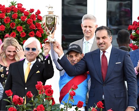 Trainer Bob Baffert (L), Jockey John R. Velazquez and Owner Amr Zedan (R), celebrate with the trophy after Medina Spirit ridden by jockey John R. Velazquez won the 147th Kentucky Derby (G1) at Churchill Downs, Saturday, May 1, 2021 in Louisville, KY. Trainer Bob Baffert (L), Jockey John R. Velazquez and Owner Amr Zedan (R), celebrate with the trophy after Medina Spirit ridden by jockey John R. Velazquez won the 147th Kentucky Derby (G1) at Churchill Downs, Saturday, May 1, 2021 in Louisville, KY.