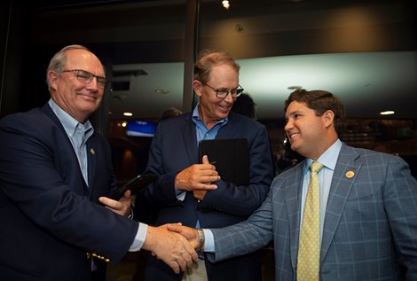 (L-R): David Hanley, Elliott Walden and Conrad Bandoroff<br><br />
Sales scenes at Fasig-Tipton in Saratoga Springs, N.Y. on Aug. 9, 2021. (L-R): David Hanley, Elliott Walden and Conrad Bandoroff<br><br />
Sales scenes at Fasig-Tipton in Saratoga Springs, N.Y. on Aug. 9, 2021.
