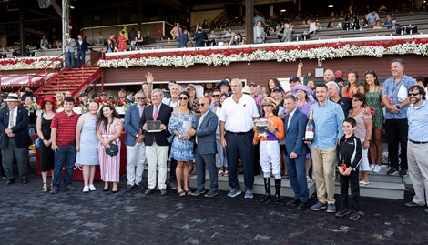 The connections of Got Stormy gather in the winner’s circle after winning the 37th running of the Fourstardave at the Saratoga Race Course Saturday Aug 14, 2021 in Saratoga Springs, N.Y. The connections of Got Stormy gather in the winner’s circle after winning the 37th running of the Fourstardave at the Saratoga Race Course Saturday Aug 14, 2021 in Saratoga Springs, N.Y.