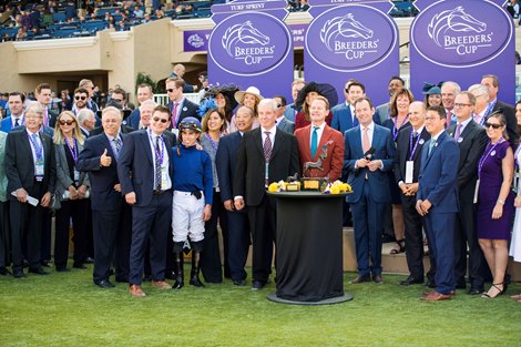 Winning connections in the winner’s circle after Golden Pal with Irad Ortiz Jr. win the Turf Sprint (G1T) at Del Mar on November 6, 2021. Winning connections in the winner’s circle after Golden Pal with Irad Ortiz Jr. win the Turf Sprint (G1T) at Del Mar on November 6, 2021.