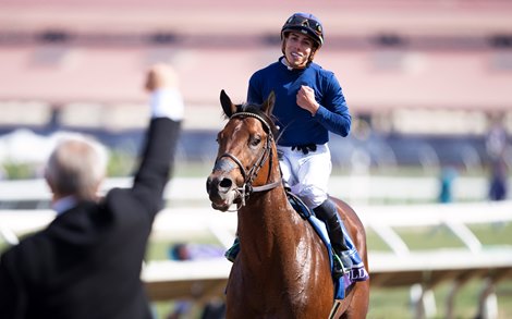 Wesley Ward celebrates as Golden Pal (Irad Ortiz) return after winning the Turf Sprint<br><br />
Del Mar 6.11.21 Pic: Edward Whitaker Wesley Ward celebrates as Golden Pal (Irad Ortiz) return after winning the Turf Sprint<br><br />
Del Mar 6.11.21 Pic: Edward Whitaker