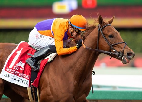 Forbidden Kingdom and jockey Juan Hernandez win the G2, $200,000 San Vicente Stakes, Saturday, January 29, 2022 at Santa Anita Park, Arcadia CA. Forbidden Kingdom and jockey Juan Hernandez win the G2, $200,000 San Vicente Stakes, Saturday, January 29, 2022 at Santa Anita Park, Arcadia CA.