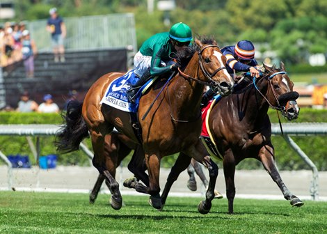 Brooke Marie and jockey Juan Hernandez, left, outleg Alice Marble (Edwin Maldonado), right, to win the G2, $200,000 Monrovia Stakes, Saturday, April 9, 2022 at Santa Anita Park, Arcadia CA. Brooke Marie and jockey Juan Hernandez, left, outleg Alice Marble (Edwin Maldonado), right, to win the G2, $200,000 Monrovia Stakes, Saturday, April 9, 2022 at Santa Anita Park, Arcadia CA.