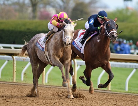 April 8, 2023: Tapit Trice (L), Luis Saez up, holds off Verifying and Tyler Gaffalione to win the 99th running of the Blue Grass Stakes at Keeneland.© Rick Samuels 2023 April 8, 2023: Tapit Trice (L), Luis Saez up, holds off Verifying and Tyler Gaffalione to win the 99th running of the Blue Grass Stakes at Keeneland.© Rick Samuels 2023