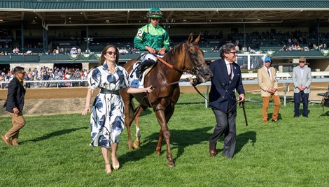 (L-R): Owners Stephanie Seymour (Mrs. Peter Brant) and Peter Brant lead in In Italian with Irad Ortiz Jr. after winning the Jenny Wiley (G1T) at Keeneland on April 15, 2023. (L-R): Owners Stephanie Seymour (Mrs. Peter Brant) and Peter Brant lead in In Italian with Irad Ortiz Jr. after winning the Jenny Wiley (G1T) at Keeneland on April 15, 2023.