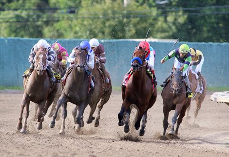 Geaux Rocket Ride #1 (2nd Left) with Mike Smith riding won the $1,000,000 Grade I TVG.com Haskell Stakes at Monmouth Park Racetrack in Oceanport, NJ. 7/22/23.  Photo By Mark Wyville/EQUI-PHOTO