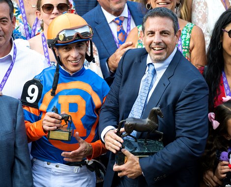 (L-R): John R. Velazquez and Mike Repole in the winners circle after Fierceness wins the Juvenile (G1) at Santa Anita in Arcadia, CA on November 3, 2023.