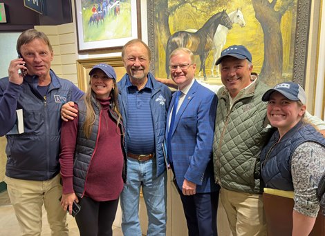 L-R Mike Renfro,Ashley Franz, Corey Johnsen, Damon Thayer, Kerry Cauthen, Elizabeth Minneci, 2023 Keeneland November Sale L-R Mike Renfro,Ashley Franz, Corey Johnsen, Damon Thayer, Kerry Cauthen, Elizabeth Minneci, 2023 Keeneland November Sale