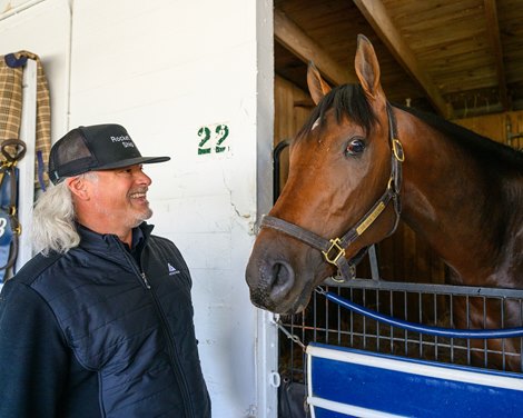 Brook Smith, a co-owner of Sierra Leone, with the 3-year-old at the Chad Brown barn and at the Backside Learning Center with Sherry Stanley. Morning training at Churchill Downs on April 23, 2024. .
