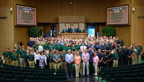 (L-R): Front row, Tony Lacy, Shannon Arvin and Cormac Breathnach, along with all the staff who keep the sale running smoothly on a daily basis. Final day of the Keeneland September Sale with Keeneland sales reps Tony Lacy and Cormac Breathnach and group photos with nearly the entire Keeneland sales staff celebrating their record gross sales for this September 21, 2024 auction.