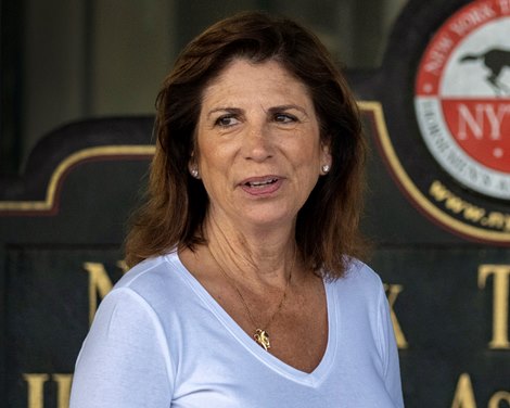Tina Bond of the NYTHA visit the barn area of the Saratoga Race Course June 7, 2024 in Saratoga Springs, N.Y. Photo by Skip Dickstein Tina Bond of the NYTHA visit the barn area of the Saratoga Race Course June 7, 2024 in Saratoga Springs, N.Y. Photo by Skip Dickstein
