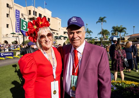 (L-R): Jennifer Goichman and Larry Goichman before the Juvenile Fillies Turf (G1T) at Del Mar Racetrack in Del Mar, CA on November 1, 2024. (L-R): Jennifer Goichman and Larry Goichman before the Juvenile Fillies Turf (G1T) at Del Mar Racetrack in Del Mar, CA on November 1, 2024.