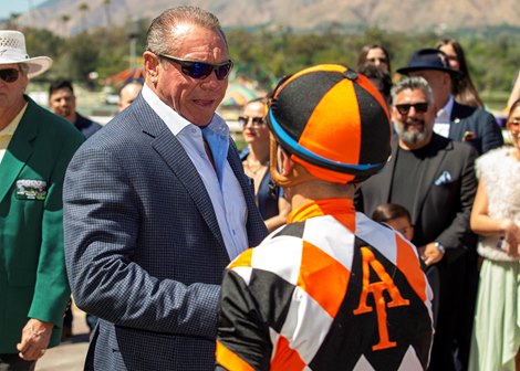 Queen Maxima's trainer Jeff Mullins and jockey Juan Hernandez savor victory after the Grade III $100,000 Monrovia Stakes Saturday, April 5, 2025 at Santa Anita Park, Arcadia, CA. The win gave  trainer Mullins his 1,800th win.<br>
Benoit Photo Queen Maxima's trainer Jeff Mullins and jockey Juan Hernandez savor victory after the Grade III $100,000 Monrovia Stakes Saturday, April 5, 2025 at Santa Anita Park, Arcadia, CA. The win gave  trainer Mullins his 1,800th win.<br>
Benoit Photo