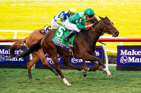 Gezora with Mickael Barzalona wins the Filly & Mare Turf (G1T) at Del Mar Racetrack in Del Mar, CA on November 1, 2025. Gezora with Mickael Barzalona wins the Filly & Mare Turf (G1T) at Del Mar Racetrack in Del Mar, CA on November 1, 2025.