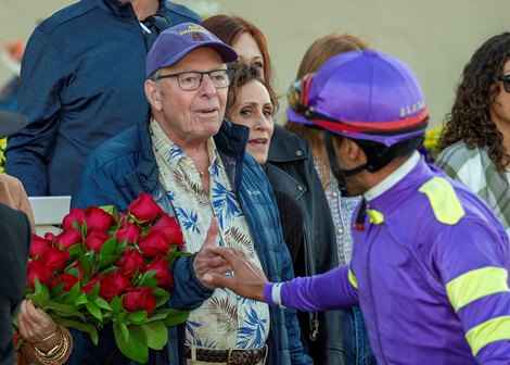 Owner Bruce Zietz, left, celebrates with jockey Edwin Maldonado, right, in the winner's circle after Man O Rose's victory in the $100,000 Chosen Vron Stakes, Saturday, November 8, 2025 at Del Mar Thoroughbred Club, Del Mar CA. © BENOIT PHOTO Owner Bruce Zietz, left, celebrates with jockey Edwin Maldonado, right, in the winner's circle after Man O Rose's victory in the $100,000 Chosen Vron Stakes, Saturday, November 8, 2025 at Del Mar Thoroughbred Club, Del Mar CA. © BENOIT PHOTO