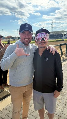 Flying Dutchmen’s Hunter Rankin (left) and Payton Boersma celebrate Shred the Gnar’s victory in the Chilukki Stakes at Churchill Downs Flying Dutchmen’s Hunter Rankin (left) and Payton Boersma celebrate Shred the Gnar’s victory in the Chilukki Stakes at Churchill Downs