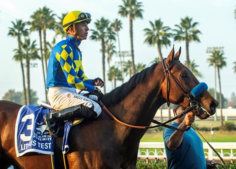 Heavily-favored Litmus Test and jockey Juan Hernandez win the Grade II $200,000 Los Alamitos Futurity Saturday, December 13, 2025 at Los Alamitos Race Course, Cypress, CA, giving trainer Bob Baffert his ninth win in the race. Baffert’s two other starters in the race, Blacksmith and Provenance, finished second and third, respectively, giving the barn a trifecta. <br>
Benoit Photo Heavily-favored Litmus Test and jockey Juan Hernandez win the Grade II $200,000 Los Alamitos Futurity Saturday, December 13, 2025 at Los Alamitos Race Course, Cypress, CA, giving trainer Bob Baffert his ninth win in the race. Baffert’s two other starters in the race, Blacksmith and Provenance, finished second and third, respectively, giving the barn a trifecta. <br>
Benoit Photo