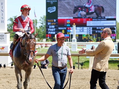 Trainer Whit Beckman discusses the race with jockey Tyler Gaffalione after Bring the Smoke won the $150,000 Grade III Maryland Sprint Stakes at Laurel Racecourse on Saturday May 16, 2026. Photo By Bill Denver/EQUI-PHOTO Trainer Whit Beckman discusses the race with jockey Tyler Gaffalione after Bring the Smoke won the $150,000 Grade III Maryland Sprint Stakes at Laurel Racecourse on Saturday May 16, 2026. Photo By Bill Denver/EQUI-PHOTO