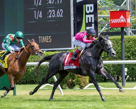 Classic Q with John Velazquez wins the Just a Game (G1) at Saratoga in Saratoga Springs, N.Y., on June 6, 2026. Classic Q with John Velazquez wins the Just a Game (G1) at Saratoga in Saratoga Springs, N.Y., on June 6, 2026.