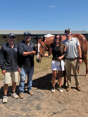Left to right: Felipe Roblero, Dago Perez, Bella Rodrigues, John Paul Regard with Clock who is in training with Todd Pletcher that we sold in April Left to right: Felipe Roblero, Dago Perez, Bella Rodrigues, John Paul Regard with Clock who is in training with Todd Pletcher that we sold in April