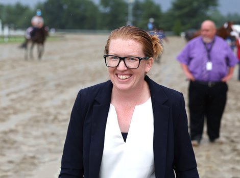 Trainer Lindsay Schultz after Baby Vino #3 with Jorge Vargas, Jr. riding held off the challenge of #6 Napoleon Solo and Paco Lopez to win the $1,000,000 Grade I Haskell Stakes at Monmouth Park Racetrack in Oceanport, NJ on Saturday July 18, 2026. Photo By Bill Denver/EQUI-PHOTO Trainer Lindsay Schultz after Baby Vino #3 with Jorge Vargas, Jr. riding held off the challenge of #6 Napoleon Solo and Paco Lopez to win the $1,000,000 Grade I Haskell Stakes at Monmouth Park Racetrack in Oceanport, NJ on Saturday July 18, 2026. Photo By Bill Denver/EQUI-PHOTO