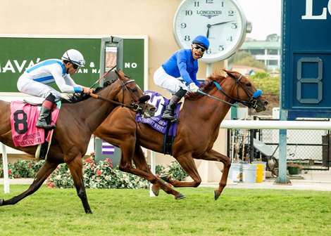 Keith Abrahams' Somerset West and jockey Armando Ayuso, right, outleg Inbox (Joel Rosario), left, to win the Grade II, $200,000 San Clemente Handicap, Saturday, July 18, 2026 at Del Mar Thoroughbred Club, Del Mar CA. © BENOIT PHOTO Keith Abrahams' Somerset West and jockey Armando Ayuso, right, outleg Inbox (Joel Rosario), left, to win the Grade II, $200,000 San Clemente Handicap, Saturday, July 18, 2026 at Del Mar Thoroughbred Club, Del Mar CA. © BENOIT PHOTO