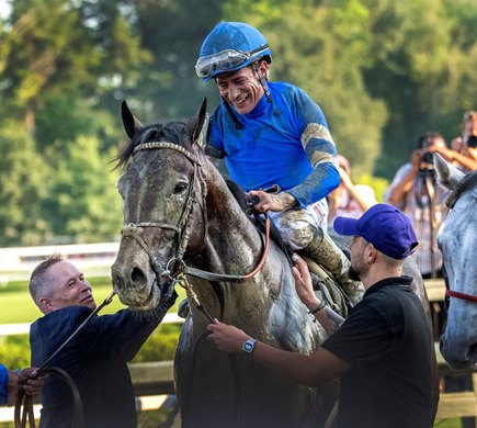 Jockey Junior Alvarado aboard Sovereignty heads to the winners circle after winning the 99th running of The Whitney at the Saratoga Race Course Saturday Aug.6, 2026 in Saratoga Springs, N.Y. Jockey Junior Alvarado aboard Sovereignty heads to the winners circle after winning the 99th running of The Whitney at the Saratoga Race Course Saturday Aug.6, 2026 in Saratoga Springs, N.Y.