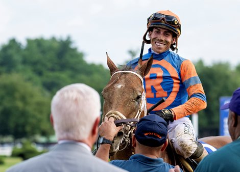 Jockey Irad Ortiz Jr. is all smiles after riding Renegade to the win in the 63rd running of The Jim Dandy presented by Mohegan Sun GII at the Saratoga Race Course Saturday Aug.1, 2026 in Saratoga Springs, N.Y. Photo by Skip Dickstein Jockey Irad Ortiz Jr. is all smiles after riding Renegade to the win in the 63rd running of The Jim Dandy presented by Mohegan Sun GII at the Saratoga Race Course Saturday Aug.1, 2026 in Saratoga Springs, N.Y. Photo by Skip Dickstein