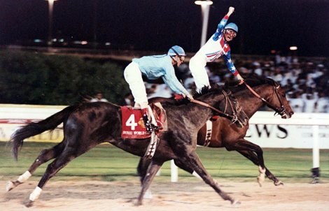 Cigar wins the 1996 Dubai World Cup, Jerry Bailey up Cigar wins the 1996 Dubai World Cup, Jerry Bailey up