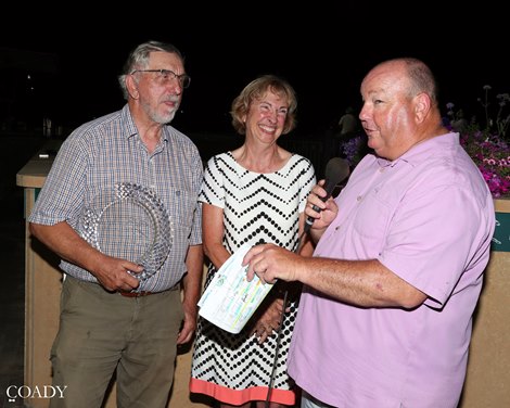 Kevin Gorg interviews owners Cheryl and Richard Bremer after Merit Badge wins the the Northern Lights Futurity on Saturday, September 5, 2026 at Canterbury Park Kevin Gorg interviews owners Cheryl and Richard Bremer after Merit Badge wins the the Northern Lights Futurity on Saturday, September 5, 2026 at Canterbury Park