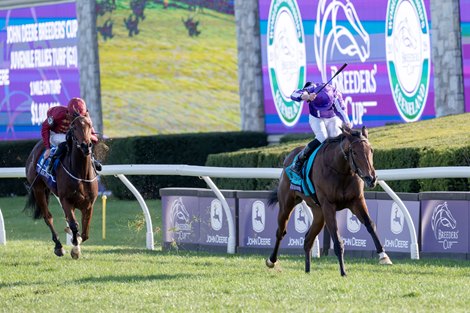 Sun Goddess with Ryan Moore wins the Grade 1 Breeders’ Cup Juvenile Fillies Turf. at Keeneland Racecourse in Lexington, KY on October 30, 2026. Sun Goddess with Ryan Moore wins the Grade 1 Breeders’ Cup Juvenile Fillies Turf. at Keeneland Racecourse in Lexington, KY on October 30, 2026.