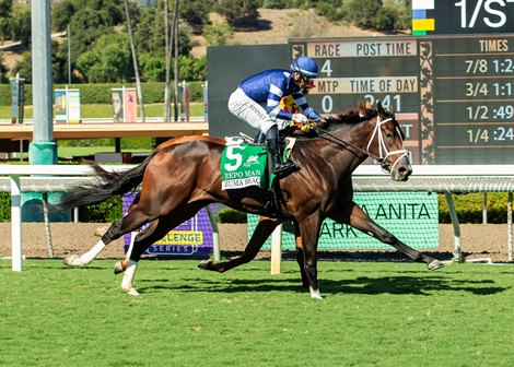 Amerman Racing's Repo Man and jockey Umberto Rispoli, outside, win the stretch-dual with Maxify and Juan Hernandez for victory in the Grade III $100,000 Zuma Beach Stakes Sunday, October 4, 2026, at Santa Anita Park, Arcadia, CA.<br>
Benoit Photo Amerman Racing's Repo Man and jockey Umberto Rispoli, outside, win the stretch-dual with Maxify and Juan Hernandez for victory in the Grade III $100,000 Zuma Beach Stakes Sunday, October 4, 2026, at Santa Anita Park, Arcadia, CA.<br>
Benoit Photo