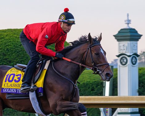 Golden Tempo with Enrique Miranda<br>
Morning training for Breeders’ Cup at Keeneland in Lexington, Ky., on Oct. 22, 2026. Golden Tempo with Enrique Miranda<br>
Morning training for Breeders’ Cup at Keeneland in Lexington, Ky., on Oct. 22, 2026.