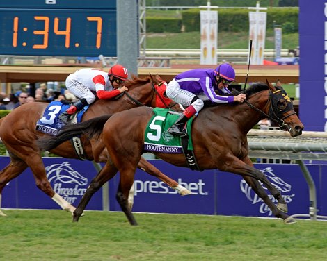 Hootenanny, a Quality Road colt owned by the connections of Coolmore Stud, wore down pacesetter Luck of the Kitten to win the Grade I Breeders&#39; Cup Juvenile Turf.