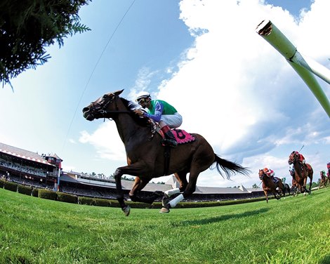 Sand Springs is victorious in the Grade I Diana Stakes under jockey John Velazquez at Saratoga Race Course.