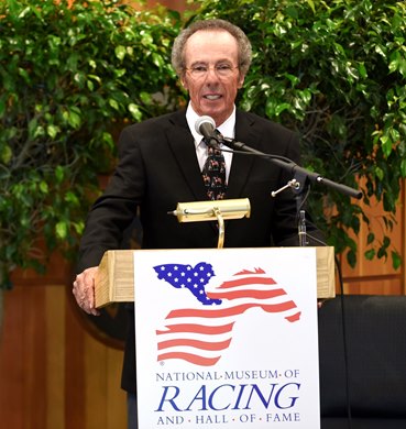 Franklin Smith of the Elloree Training Center speaks affectionately about his association with the late Chris Antely during the National Museum and Hall of Fame inductions held at the Fasig Tipton sales pavilion Aug 7, 2015 in Saratoga Springs, N.Y.  Photo by Skip Dickstein