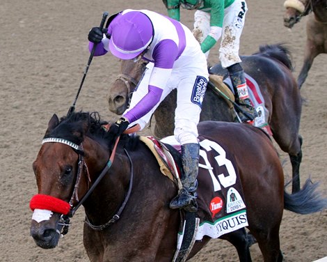 Nyquist with Mario Gutierrez wins the 142nd Running of the Kentucky Derby at Churchill Downs on May 7, 2016.