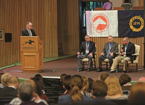 Surfaces panel with Dr. Mick Petterson moderating, and l-r Jamie Richardson (Churchill), Jim Pendergest (The Thoroughbred Center), and Glen Kozak (NYRA) Welfare and Safety of the Racehorse Summit VI on July 8, 2015, at Keeneland in Lexington, Ky.