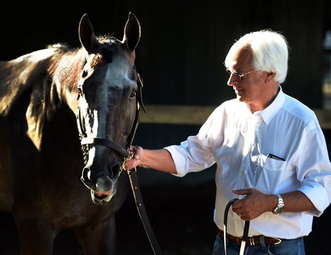 Trainer Bob Baffert has a quiet moment with Travers Stakes winner Arrogate Sunday morning in the barn area at the Saratoga Race Course August 28, 2016 in Saratoga Springs, N.Y.