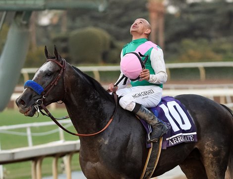 Jockey Mike Smith celebrates on Arrogate after the victory in the Breeders' Cup Classic at Santa Anita Park Nov. 5, 2016 in Arcadia, California.