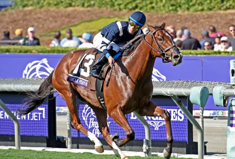 Oscar Performance, Jose Ortiz up, wins the Juvenile Turf (gr. I) at Santa Anita on Nov. 4, 2016, in Arcadia, California.