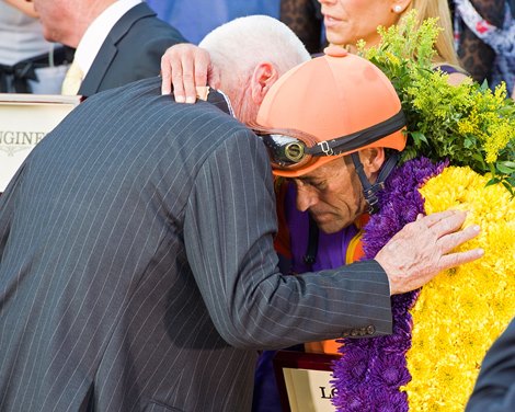 Hughes and Stevens in wc after race<br>
Beholder, with Gary Stevens up, wins the Longines Distaff (gr. I) at Santa Anita on Nov. 4, 2016, in Arcadia, California.