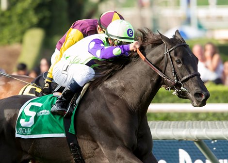 Zindaya and jockey Javier Castellano, outside, outleg Hillhouse High (Santiago Gonzalez), inside, to win the Grade II, $200,000 Goldikova Stakes, Sunday, November 6, 2016 at Santa Anita Park, Arcadia CA.