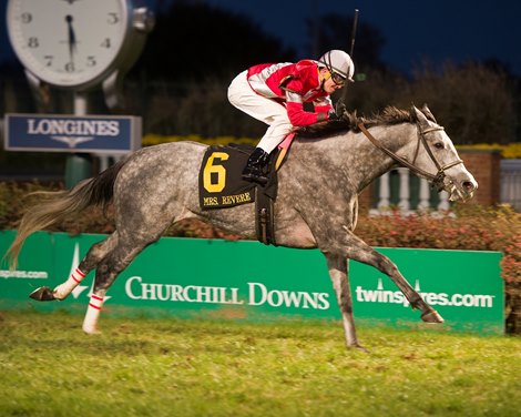 Linda with Brian Hernandez Jr. wins the Mrs. Revere (gr. II) for Whitham Thoroughbreds and Ian Wilkes on Nov. 25, 2016, at Churchill Downs.