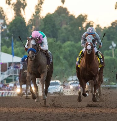 Arrogate passes California Chrome on the way to the victory in the Breeders' Cup Classic at Santa Anita Park Nov. 5, 2016 in Arcadia, California.