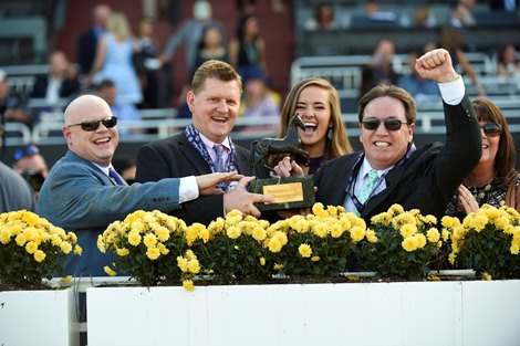 Connections of Tamarkuz celebrate winning the Las Vegas Dirt Mile at Santa Anita on Nov. 4, 2016, in Arcadia, Calif.