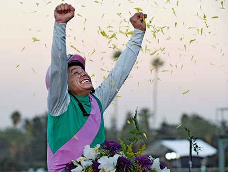 Jockey Mike Smith celebrates on Arrogate after the victory in the Breeders&#39; Cup Classic at Santa Anita Park Nov. 5, 2016 in Arcadia, California. 