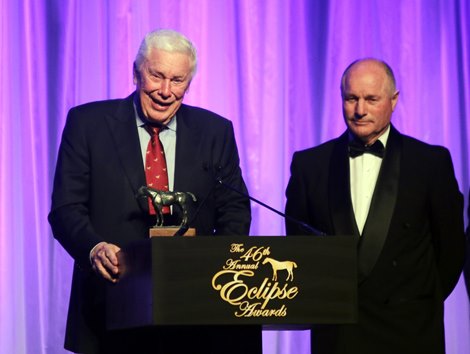 B.  Wayne Hughes along with trainer Richard Mandella accepts the Eclipse Award for Outstanding Older Dirt Female - Beholder at the 46th annual Eclipse Awards<br>
